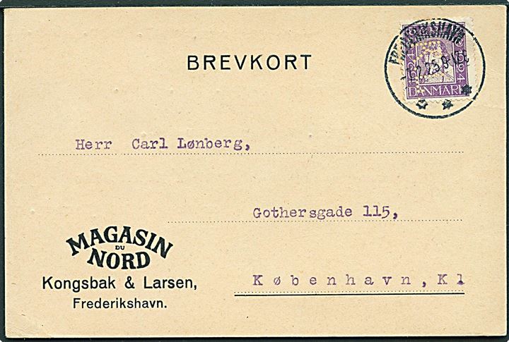 15 øre Chr. IV Postjubilæum med perfin K.L. på brev-kort fra firma Magasin du Nord Kongsbak & Larsen i Frederikshavn d. 7.2.1925 til København.