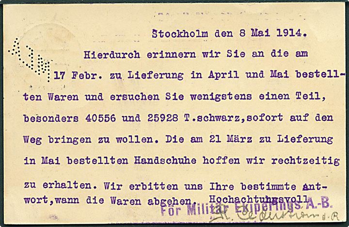 10 öre Gustaf helsagsbrevkort med perfin M.E.A. fra Stockholm d. 8.5.1914 til Chemnitz, Tyskland. På bag-siden meddelelse og stempel: Militär Ekiperings A.-B. Flot kvalitet.
