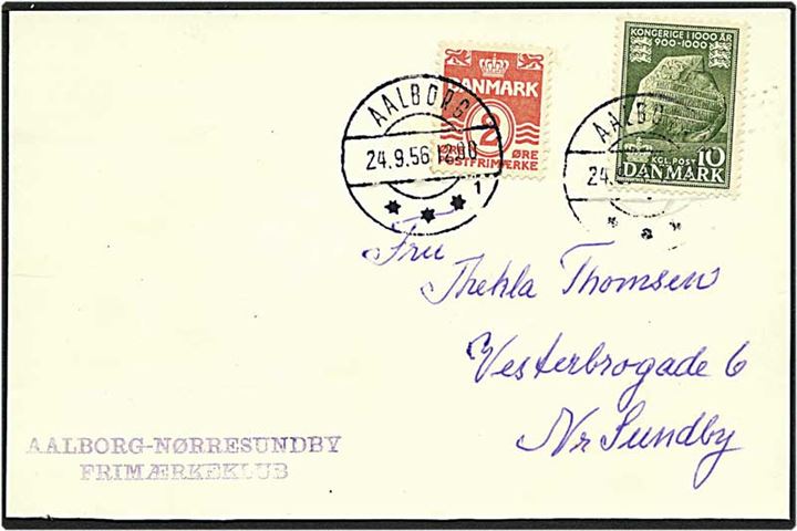 2 øre rød bølgelinie og 10 øre grøn Jelling Sten på kort fra Aalborg d. 24.9.1956 til Nr. Sundby.