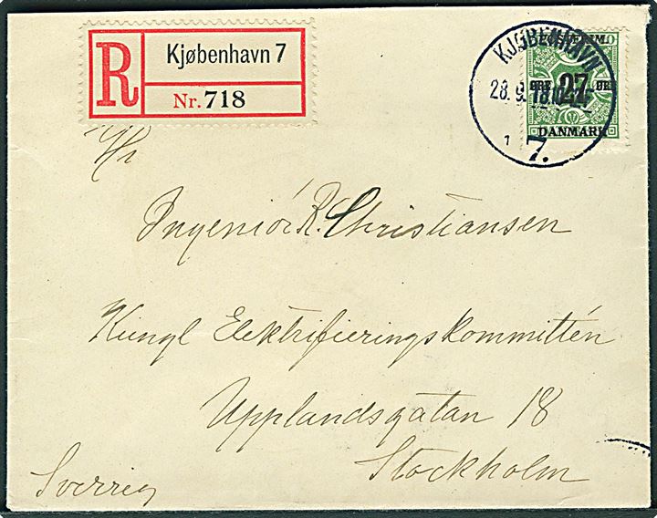 27/20 øre Provisorium single på lille anbefalet brev fra Kjøbenhavn d. 28.9.1918 til Stockholm, Sverige. AFA: 2800,-