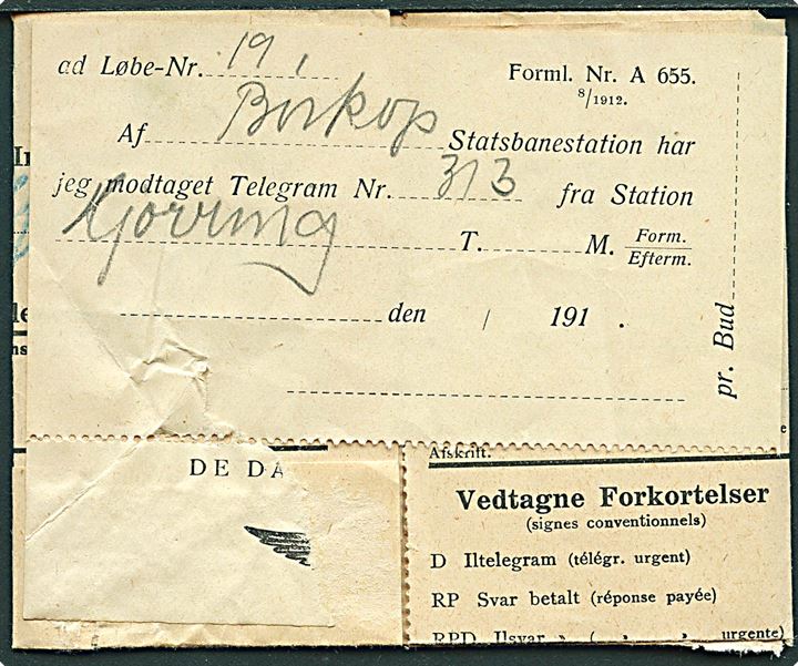 5 øre Bølgelinie på De Danske Statsbaner telegram-formular med meddelelse fra Hjørring stemplet Børkop d. 10.6.1913 til Aandssvageanstalten Brejninge. Ved-hæftet DSB kvittering Forml. Nr. A 655 8/1912. Rifter.