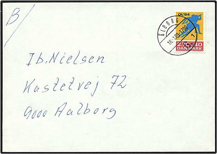 270 + 40 øre gul/blå/rød Ol på B-brev, lokalt sendt brev fra Ålborg d. 16.1.1989.