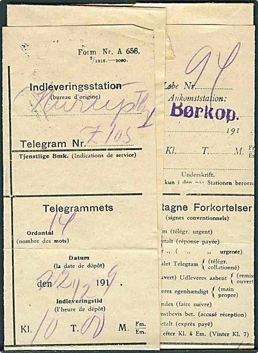 10 øre Chr. X på De Danske Statsbaner telegramformular med meddelelse fra Hurup Thy stemplet Børkop d. 22.12. 1919 til Professor Keller, Brejninge pr. Børkop.