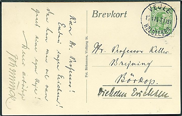 5 øre Chr. X på brevkort fra Møltrup annulleret med bureaustempel Vejle - Holstebro T.1184 d. 13.4.1916 til Brejninge pr. Børkop.