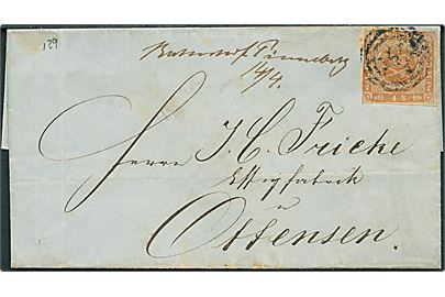 4 sk. 1854 udg. på brev annulleret med svagt nr.stempel “129” og håndskrevet bynavn Bahnhof Pinneberg d. 14.4. 185x til Ottensen. Brevet benyttet som illustration hos Vagn Jensen.