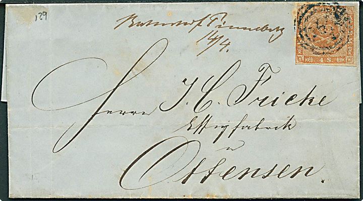 4 sk. 1854 udg. på brev annulleret med svagt nr.stempel “129” og håndskrevet bynavn Bahnhof Pinneberg d. 14.4. 185x til Ottensen. Brevet benyttet som illustration hos Vagn Jensen.