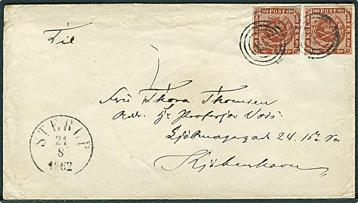 4 sk. 1858 udg. (2) på dobbeltbrev annulleret med nr.stempel “199” og sidestemplet antiqua Sterup d. 21.8. 1862 via Flensburg til Kjøbenhavn. 