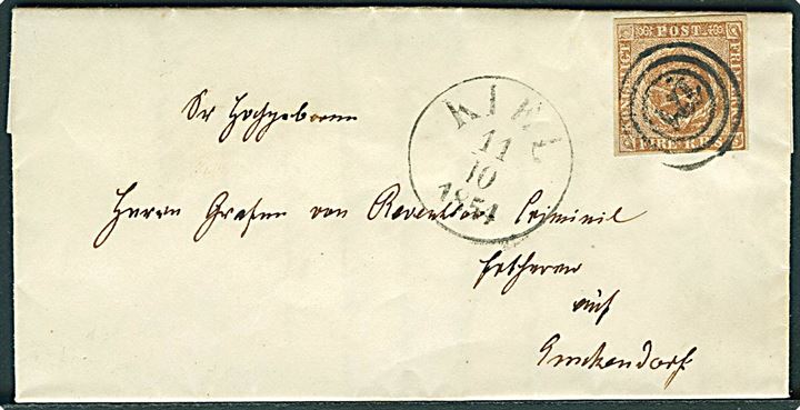 4 R.B.S. Thiele III gråbrun plade III nr. 90 på lille brev dateret Ammenhof annulleret med nr.stempel “121” og sidestemplet antiqua Kiel d. 11.10.1854 til Graf von Reventlow-Criminil på godset Emkendorf. Fuldt indhold.