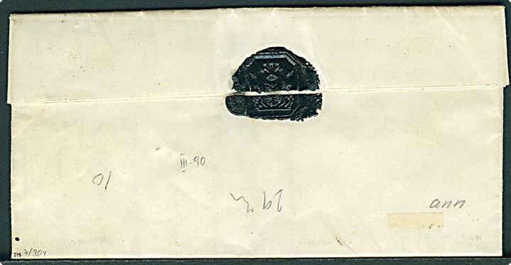 4 R.B.S. Thiele III gråbrun plade III nr. 90 på lille brev dateret Ammenhof annulleret med nr.stempel “121” og sidestemplet antiqua Kiel d. 11.10.1854 til Graf von Reventlow-Criminil på godset Emkendorf. Fuldt indhold.