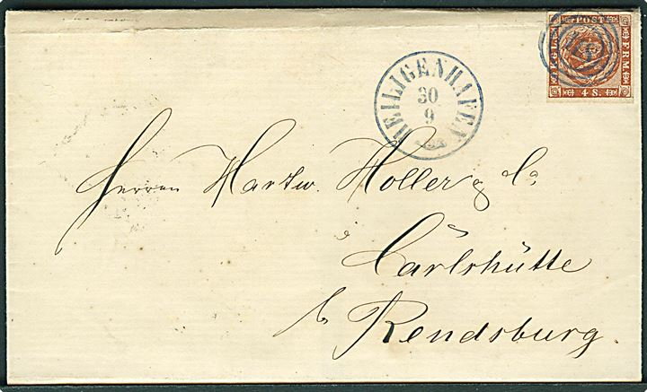 4 sk. 1858 udg. på brev annulleret med nr.stempel “118” og sidestemplet antiqua Heiligenhafen d. 30.9.1861 til Carlshütte pr. Rendsburg.