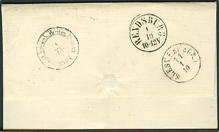 4 sk. 1858 udg. på brev annulleret med nr.stempel “118” og sidestemplet antiqua Heiligenhafen d. 30.9.1861 til Carlshütte pr. Rendsburg.