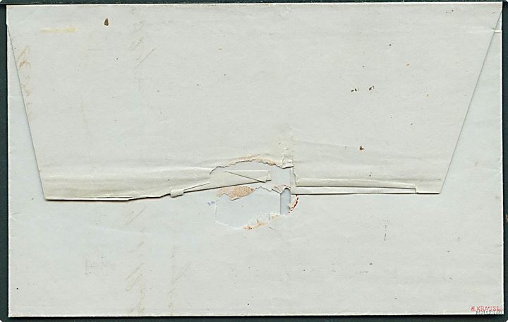 4 sk. 1858 udg. 1. tryk på smukt brev annulleret med nr.stempel “132” og sidestemplet antiqua Remmels d. 14.1. 1859 til Neumünster. Signeret Møller.