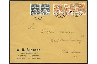 1 øre grønligsort og 6 øre orange bølgelinie på brev fra Aarhus d. 2.4.1941 til København.