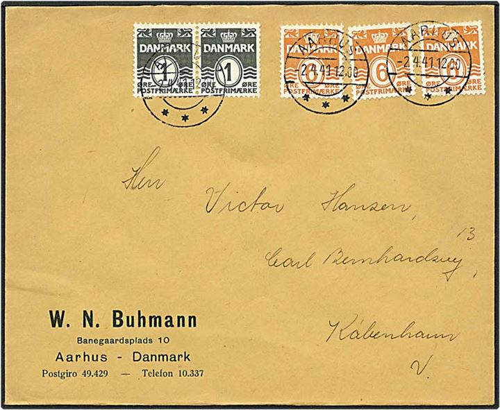 1 øre grønligsort og 6 øre orange bølgelinie på brev fra Aarhus d. 2.4.1941 til København.