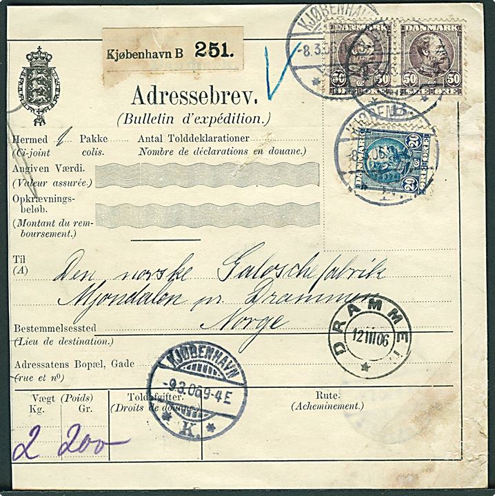 20 øre og 50 øre (parstykke) Chr. IX på internationalt adressekort for pakke fra Kjøbenhavn d. 8.3.1906 til Drammen, Norge. Fugtskjold.