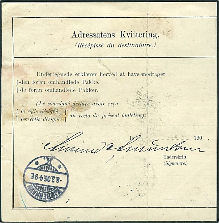 20 øre og 50 øre (parstykke) Chr. IX på internationalt adressekort for pakke fra Kjøbenhavn d. 8.3.1906 til Drammen, Norge. Fugtskjold.