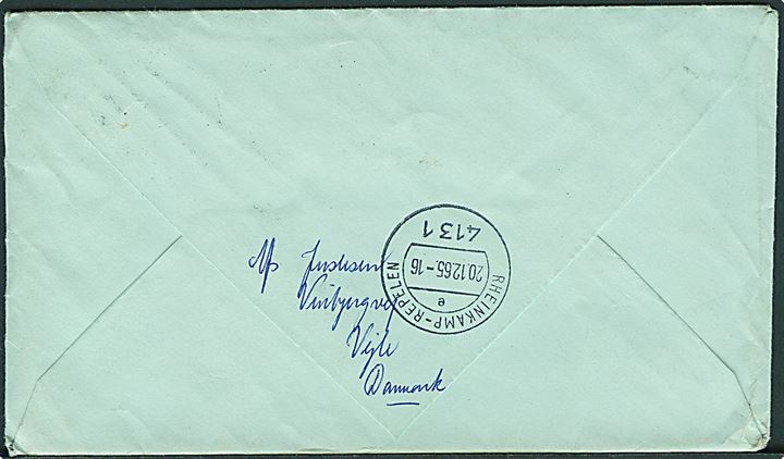 80 øre UIT og Julemærke 1965 i parstykke på brev fra Vejle d. 12.12.1965 til Rheims, Tyskland. Retur med 2-sproget etiket: Ungenügende Anschrift. 
