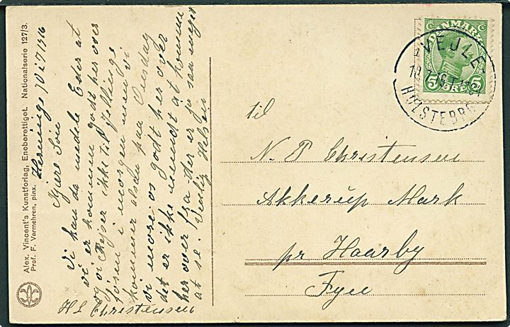 5 øre Chr. X på brevkort dateret Herning annulleret med bureaustempel Vejle - Holstebro sn1 T.1184 d. 10.7. 1916 til Akkerup Mark pr. Haarby. 