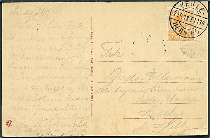 7 øre Chr. X på brevkort fra Jelling annulleret med bureaustempel Vejle - Herning T.1138 d. 21.9.1919 til Liseleje pr. Melby. Flot aftryk.