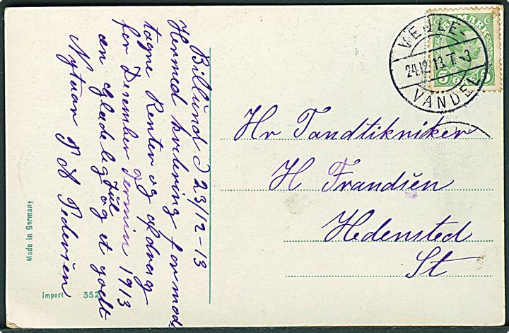 5 øre Chr. X på julekort dateret Billund annulleret med bureaustempel Vejle - Vandel T.3 d. 24.12.1913 til Hedensted. Vanskeligt stempel.