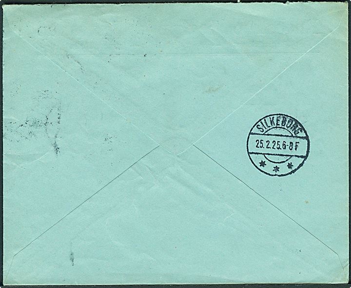 25 øre Chr. X (2) på anbefalet brev fra Knabstrup d. 24.2. 1925 til Silkeborg. Et mærke annulleret ved ankomsten med violet liniestempel Silkeborg. Dekorativ.