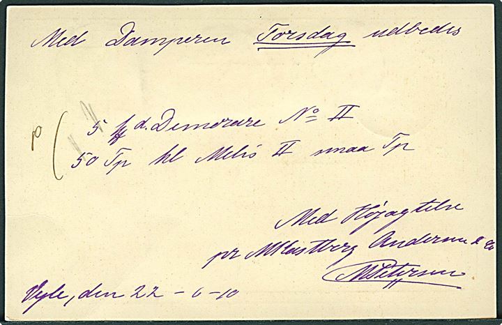 5 øre Fr. VIII helsagsbrevkort opfrankeret med 5 øre Fr. VIII i vandret 4-stribe og sendt som ekspres fra Veile d. 22.6.1910 til København. 