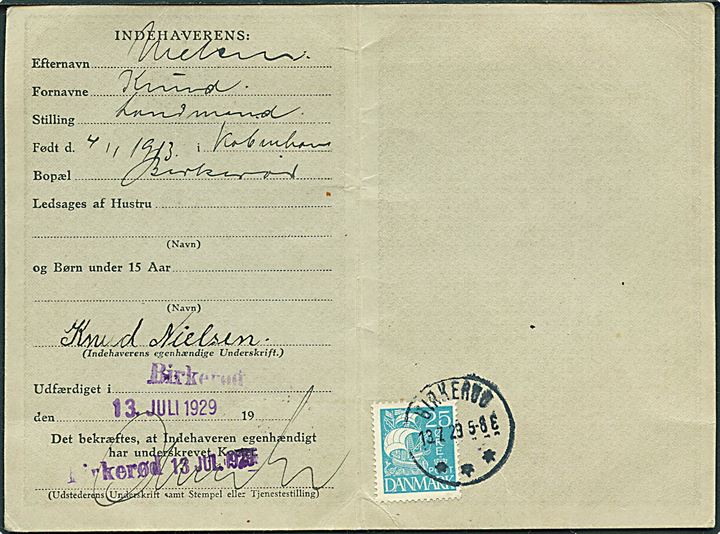 Nordisk Rejsekort med 25 øre Karavel som gebyr udstedt i Birkerød d. 13.7.1929. Uden viseringer.