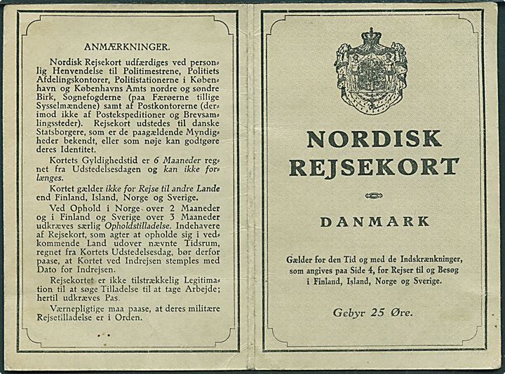 Nordisk Rejsekort med 25 øre Karavel som gebyr udstedt i Birkerød d. 13.7.1929. Uden viseringer.