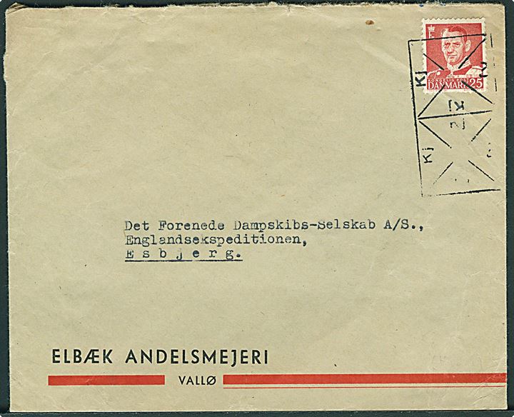 25 øre Fr. IX på firmakuvert fra Elbæk Andelsmejeri pr. Vallø annulleret m. DSB fragtgodsstempel “Kj” i Køge ca. 1950 til DFDS i Esbjerg. Privatbefordret brev.