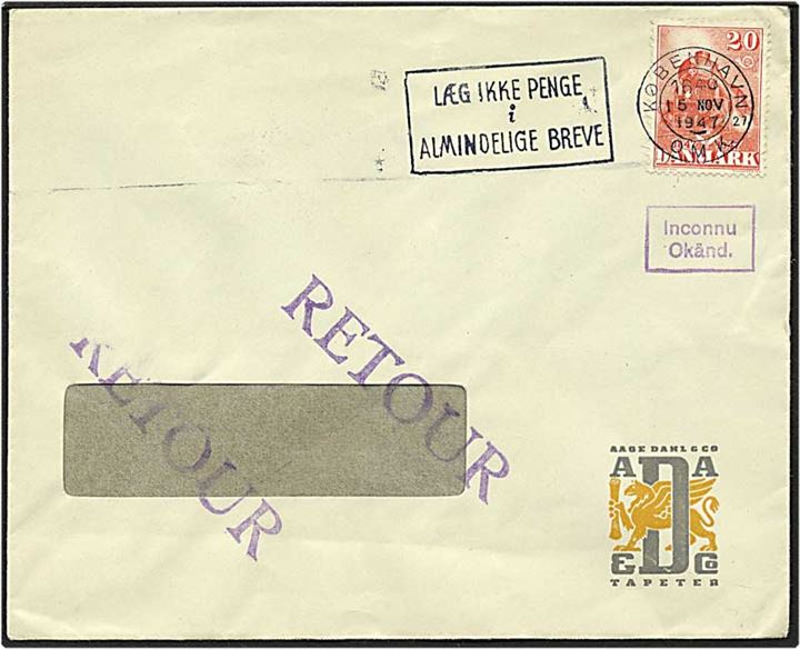 20 øre rød DSB på brev fra København d. 15.11.1947 til Malmø, Sverige. Adressaten ubekendt og brevet er returneret.