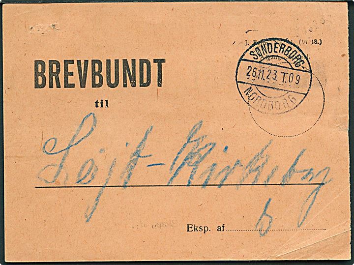 Brevbundt seddel til Løjt-Kirkeby med bureaustempel Sønderborg - Nordborg T.09 d. 26.1.1923. 