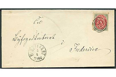 4 sk. Tofarvet på brev annulleret med nr.stempel 42 og sidestemplet lapidar Middelfart d. 5.4.187x til Fredericia.