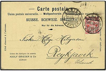 10 centimes rød på kort fra Zürich, Schweiz, d. 30.6.1905 til Reykjavik, Island.