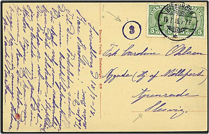 5 øre grøn Chr. X på brev fra Svendborg d. 19.7.1918 til Aabenraa, Slesvig. Stemplet med 3 tal - Censur.
