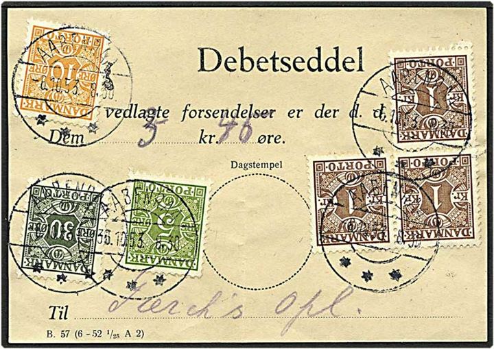 5, 10, 30 og 1 kr. portomærker på debetseddel fra Aarhus d. 6.10.1953.