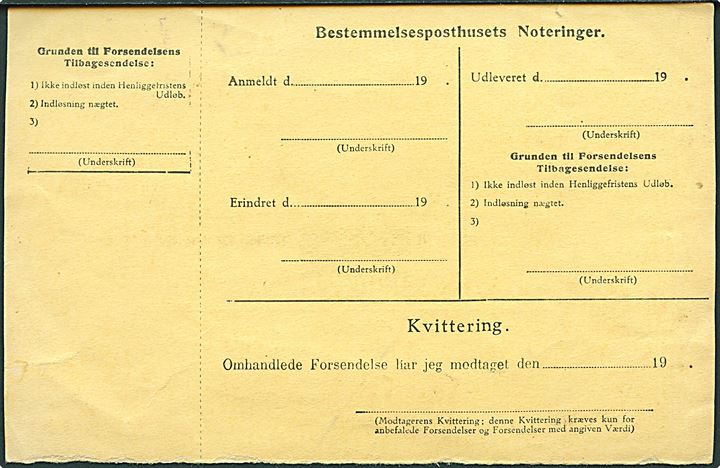 20 øre og 1 kr. Chr. X på Postopkrævnings-Adressekort for pakke på 5 kg. fra Thorshavn d. 19.1.1922 til Øre på Færøerne. Lokalpakketakst ophævet i perioden 1920-33.