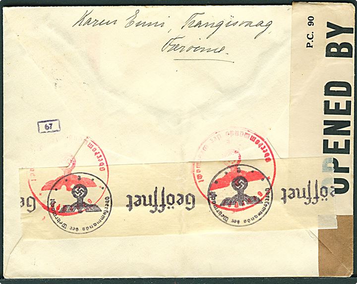 20/5 øre Provisorium på brev annulleret med klipfisk-stempel Trangisvaag d. 23.4.1941 til Horsens, Danmark. Dobbeltcensureret med britisk censur PC90/4461 og tysk censur fra Frankfurt. 