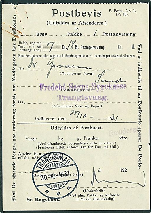Postbevis formular F. Form Nr. 1 (1/7 28) med smukt brotype Ig Trangisvaag d. 30.10.1931 for postanvisning på 7,18 kr. til Sand.