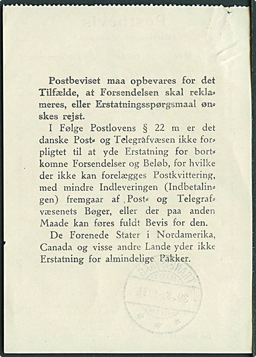 Postbevis formular F. Form Nr. 1 (1/7 28) med smukt brotype Ig Trangisvaag d. 30.10.1931 for postanvisning på 7,18 kr. til Sand.
