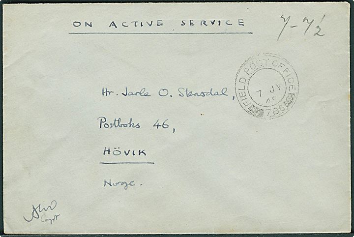 Ufrankeret OAS feltpostbrev stemplet Field Post Office 786 d. 7.7.1945 (= APO S.826 i Oslo) til Hövik, Norge.