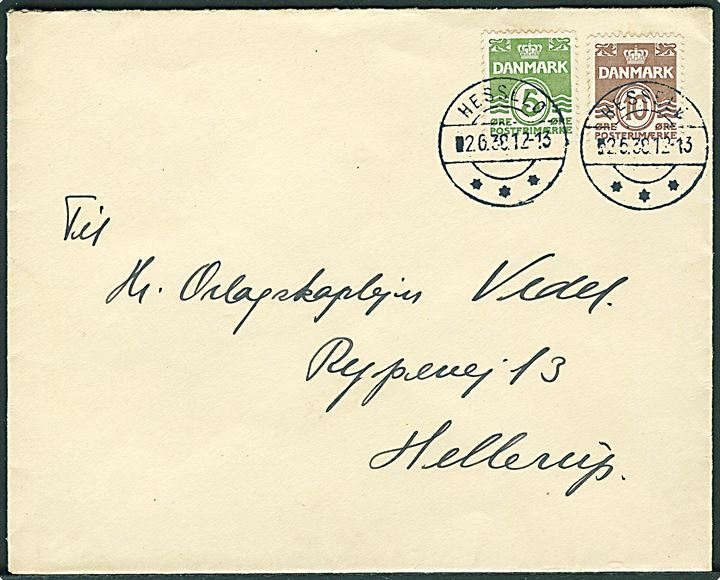 5 øre og 10 øre Bølgelinie på brev annulleret m. brotype IIc Hesselø d. 2.6.1938 til Hellerup. På bagsiden officielt afs.-stempel (krone) / Fyrinspektionsskibet Argus.