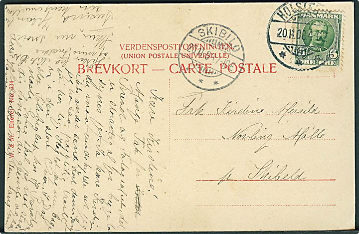 5 øre Fr. VIII på brevkort fra Holstebro d. 20.11.1908 til Nøvling Mølle pr. Skibild. Ank.stemplet med brotype Ia SKIBILD d. 20.11.1908. Garveret marts 1908 men ikke registreret anvendt før det blev udskiftet i marts 1909, på grund af navneændring, med nyt brotype Ia SKIBBILD. 