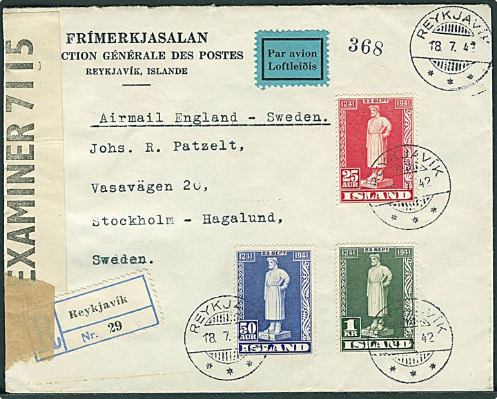 Komplet sæt Snorre  Sturlason på anbefalet luftpostbrev fra Reykjavik d. 18.7.1942 til Stockholm, Sverige. På-skrevet “Airmail England - Sweden”. Åbnet af britisk censur PC90/7115. Dekorativ.
