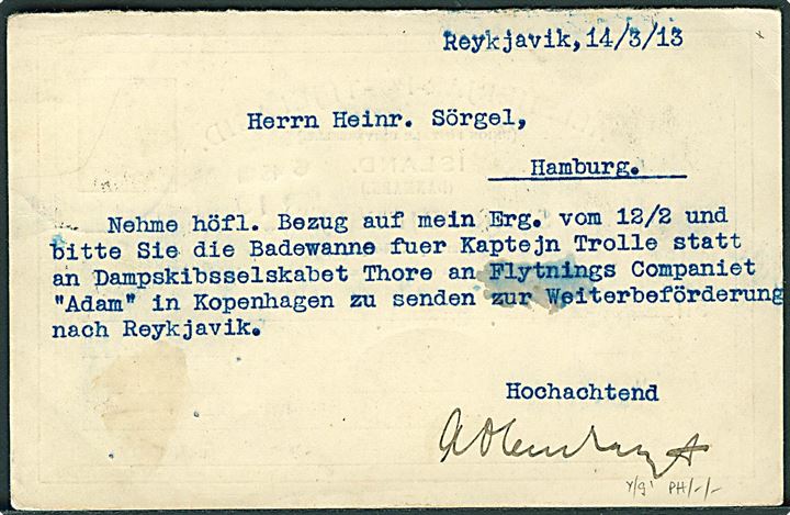 10 aur To Konger helsagsbrevkort fra Reykjavik d. 14.3. 1913 via Edinburgh 16 d. 19.3.1913 og sidestemplet med skibsstempel Paquebot til Hamburg, Tyskland.