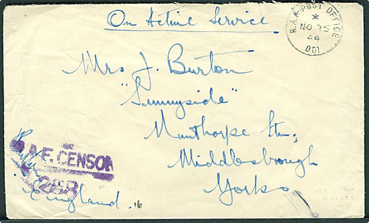 Ufrankeret OAS feltpostbrev med BLÅT stempel R.A.F. Post Office 001 d. 25.11.1944 (= Reykjavik) til Middles-brough, England. Usædvanlig stempelfarve. Violet type R6 unit censor: R.A.F. Censor 288. 