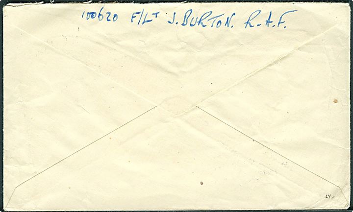 Ufrankeret OAS feltpostbrev med BLÅT stempel R.A.F. Post Office 001 d. 25.11.1944 (= Reykjavik) til Middles-brough, England. Usædvanlig stempelfarve. Violet type R6 unit censor: R.A.F. Censor 288. 