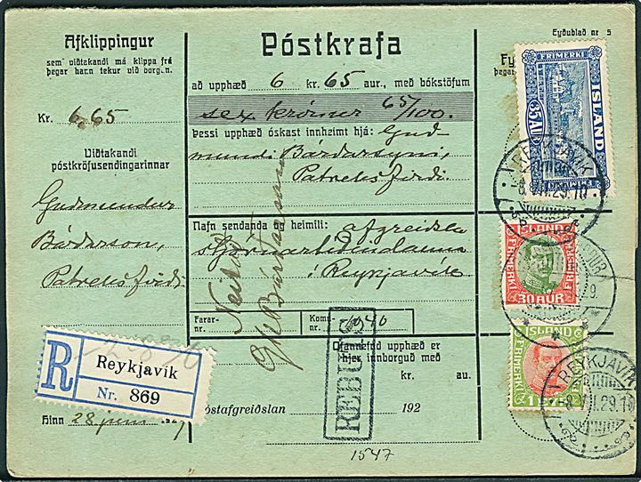 35 aur Landskab, samt 30 aur og 1 kr. Chr. X på 1,65 kr. frankeret Postkrafa (postopkrævning) formular sendt anbefalet fra Reykjavik d. 8.7.1929 til Patreksfjördur. Retur som ej indløst. På bagsiden ovalt officielt stempel: (krone) / Atvinnu- og Samgömgu-Malaraduneytid.