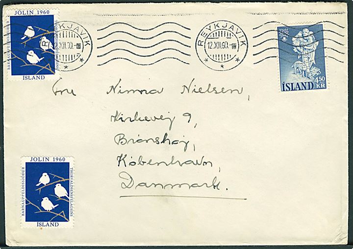 4,50 kr. Verdensflygtningeår og Thorvaldsen Forening Julemærke 1960 på brev fra Reykjavik d. 12.12.1960 til Brønshøj, Danmark.