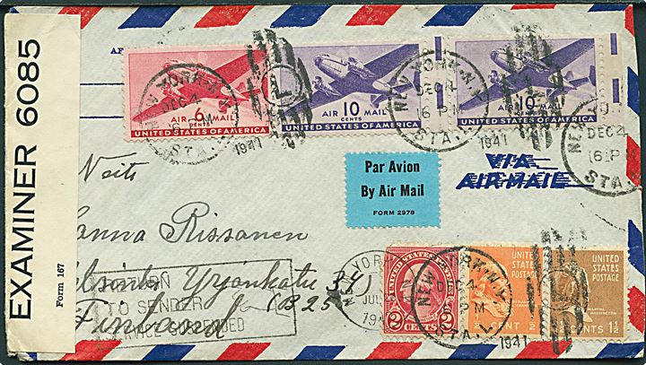 Amerikansk 30 cents luftpostbrev fra New York d. 4.12. 1941 til Helsinki, Finland. Åbnet af britisk censur PC90/ 6085 og returneret med stempel: Return to Sender / Service Suspended pga. USA’s indtræden i krige.