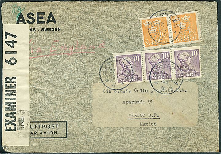 10 öre Gustaf (3) og 1 kr. Tre Kroner (2) m. perfin ASEA på fortrykt ASEA kuvert sendt som luftpost fra Västerås d. 17.3.1943 til Mexico. Påskrevet “via England”. Åbnet af britisk censur PC90/6147. Ank. d. 6.7.1943.